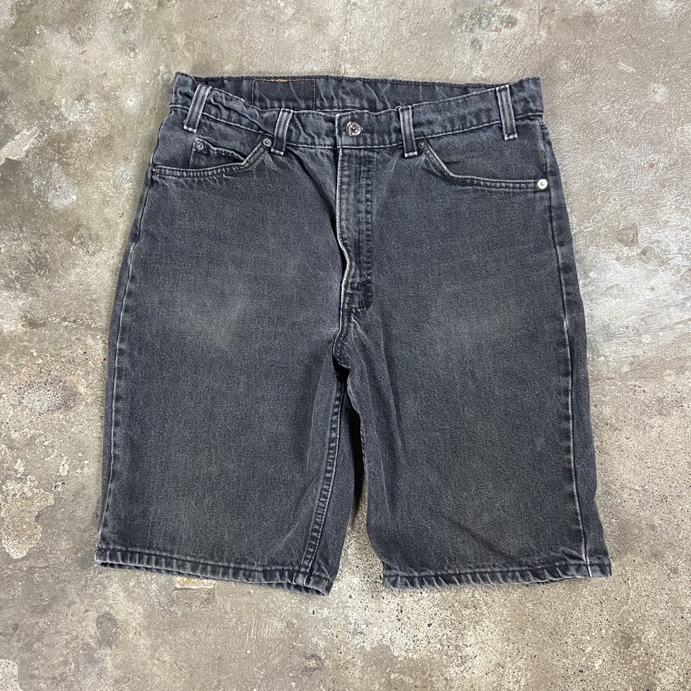 Vintage 90s Levis 550 Jean Shorts Size 34 Black Denim Relaxed Fit Orange Tab